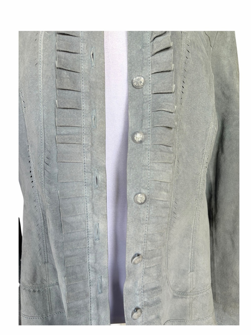 Light Blue Gray Suede Button-Front Jacket with Ruffle Trim - Picture 5 of 7